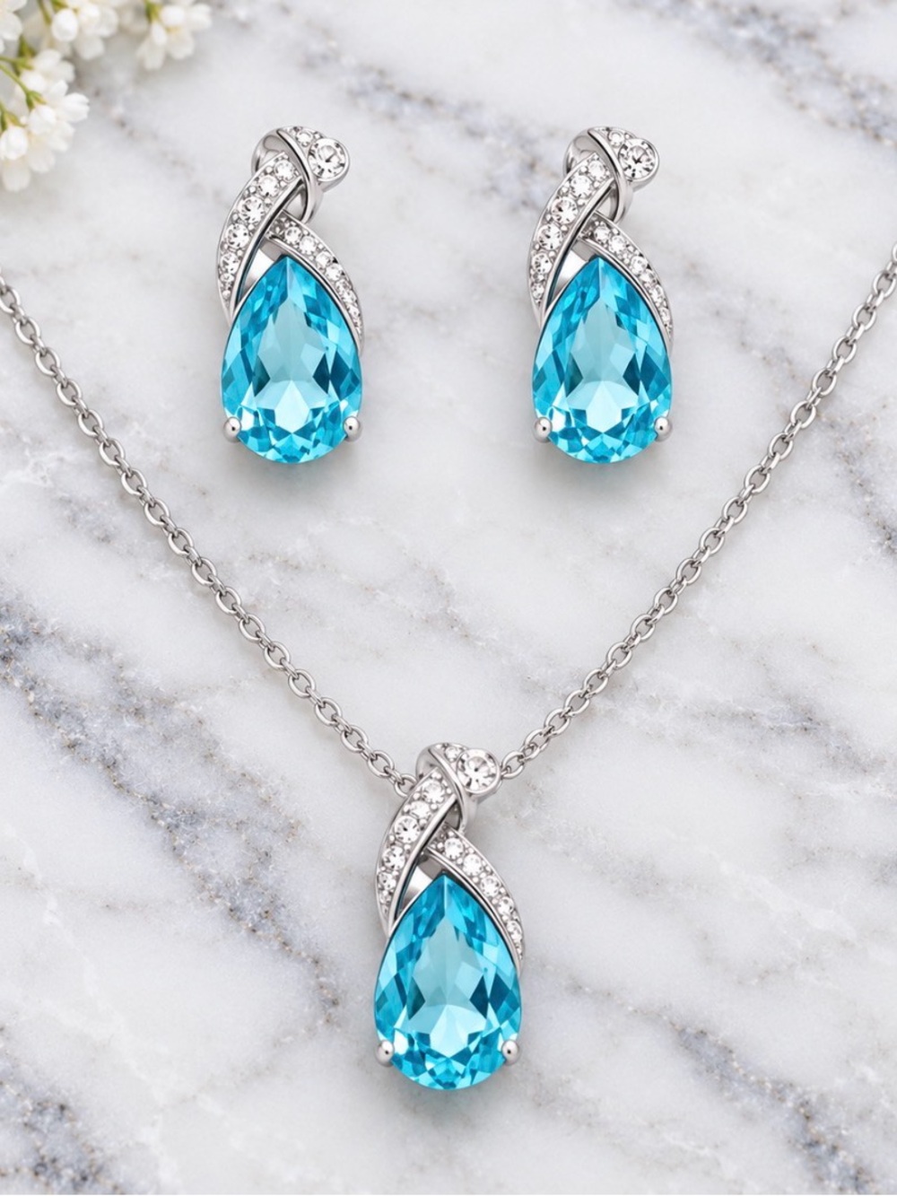 Silver Tone Aqua Blue Teardrop Stones with Clear Stone Accents Jewelry Set